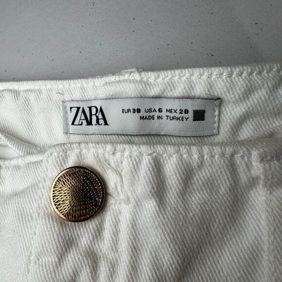 Zara Sailor Gold Button Wide Leg Embroidered Cropped White Patch Pocket Jeans 6 - Picture 7 of 8